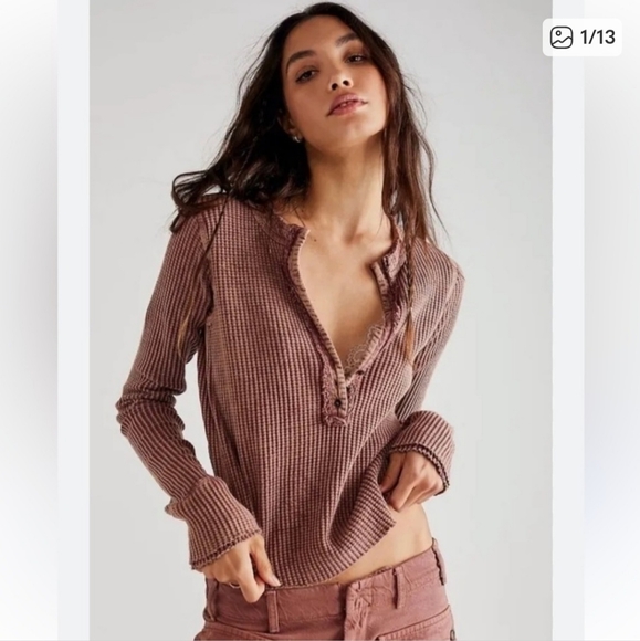 Free People One Colt Thermal Top Cropped Henley Waffle Knit Size S - Picture 1 of 10